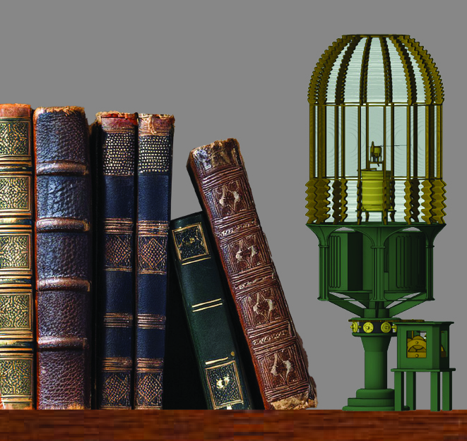 Image of books on a book shelf with the First Order Fresnel lens.