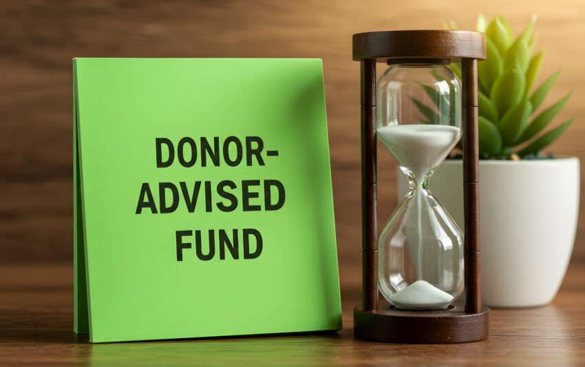 Donor advised fund concept for charitable giving and philanthropic planning with hourglass timer