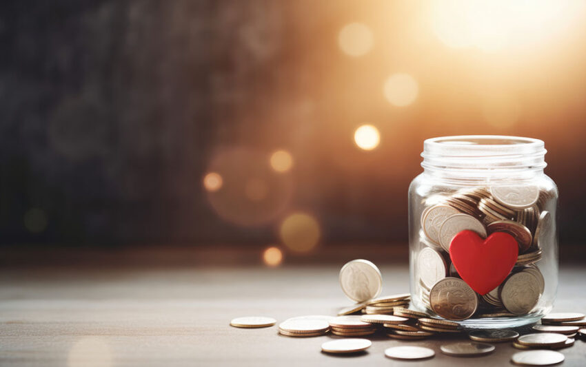 A jar of coins. Global day of charitable action, giving, donations. Give help, donations support day with coins jar, red heart, copy space