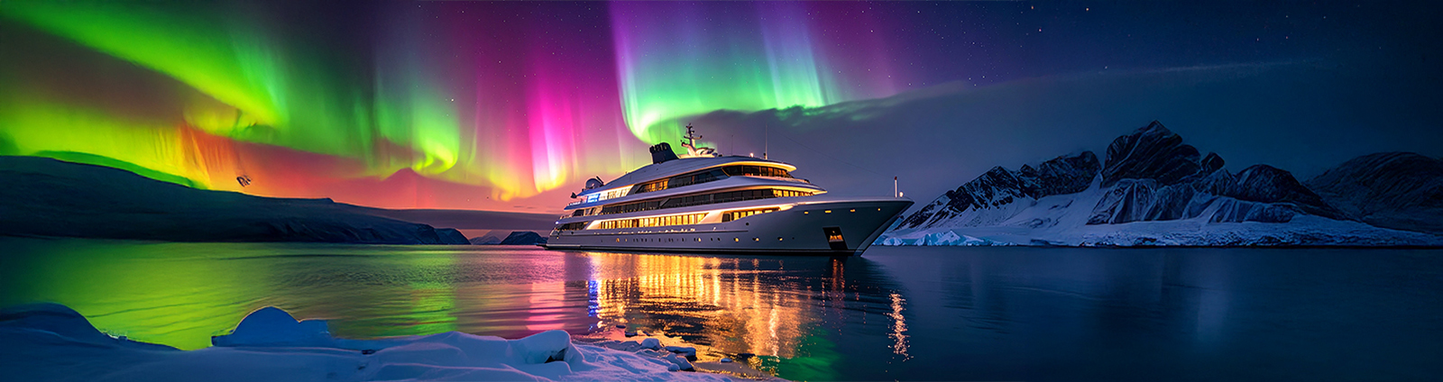 Image of a white yacht with the aurora borealis behind it.
