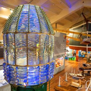 Santa Barbara Maritime Museum interior view of the Fresnel lens from the second floor