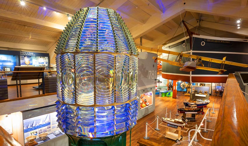 Santa Barbara Maritime Museum interior view of the Fresnel lens from the second floor