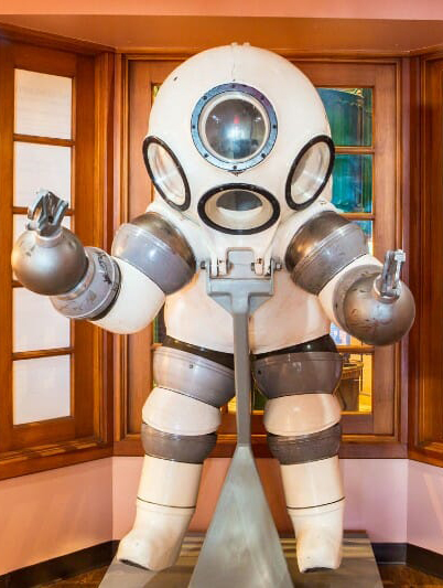 JIM suit located at the front door of the Santa Barbara Maritime Museum.