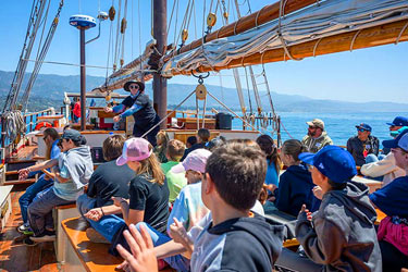 Photo of kids aboard the Mystic Whaler sailing yacht in Santa Barbara
