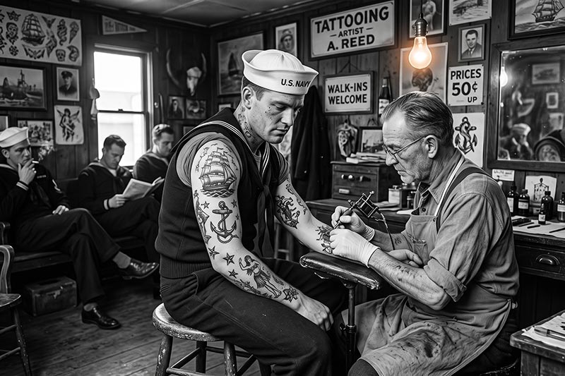 AI photo of a navy sailor getting tattoos in the 1930s