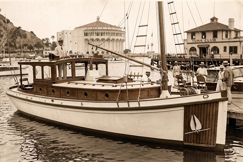 AI generated image of the Ranger Fishing boat at Avalon, Catalina Island, during the 1940s.