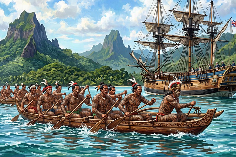 AI-generated photo of tattooed Tahitians Paddling in Moorea During the Time of Captain Cook